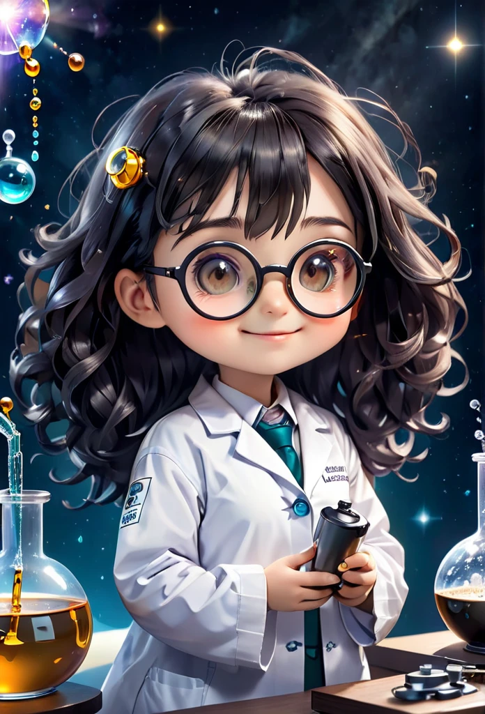 (((Chibi Baby))) Chemistry Mascot MASCOT, atoms, Molecules ,Has black hair , Blind box style and model with popular market style, The sunlight shines, , hyper qualit, sharp features, Ultra HD and 8K resolution,Cool Hand Drawn Illustration，fly away (Inside out disgusting), Create a series of best quality cute chibi dolls,ultra details,realisitic,Science Laboratory,Chemical experiment,ultra HD, chemical equipment,scientists working,cups,UHD Bunsen Burner ,Microscope,laboratory glassware,measuring cylinders,labcoats,Round nerd glasses ,science books,Periodic table,scientChibi Baby Chemistry Mascot MASCOT, atoms, Molecules ,Has black hair , Blind box style and model with popular market style, The sunlight shines, , hyper qualit, sharp features, Ultra HD and 8K resolution,Cool Hand Drawn Illustration，fly away (Inside out disgusting), Create a series of best quality cute chibi dolls,ultra details,realisitic,Science Laboratory,Chemical experiment,ultra HD, chemical equipment,scientists working,cups,UHD Bunsen Burner ,Microscope,laboratory glassware,measuring cylinders,labcoats,Round nerd glasses ,science books,Periodic table,scientific research,discoveries,new inventions,innovation,aprendizagem,education,Scientific culture wears coat with details of buttons and brooches , her coat is charming and cute with ultra chemical details ,Curiosidade,Technological advancements,swirly vibrant colors,soft lighting,modern laboratory,nerdy atmosphere,laboratory instruments,hypothesis testing,Scientific method,symbolic representation,Critical thinking,experiments ,precision,precision,Intricate details,impressive scientific setup,natural elements,exploration of the mysteries of science,unlocking the secrets of nature. Baby chibi is happy and excited, remember to use chemical laboratory glassware, The chalkboard behind the cute chibi baby is written the structure of caffeine in white chalk 18K UHDBlack hair,