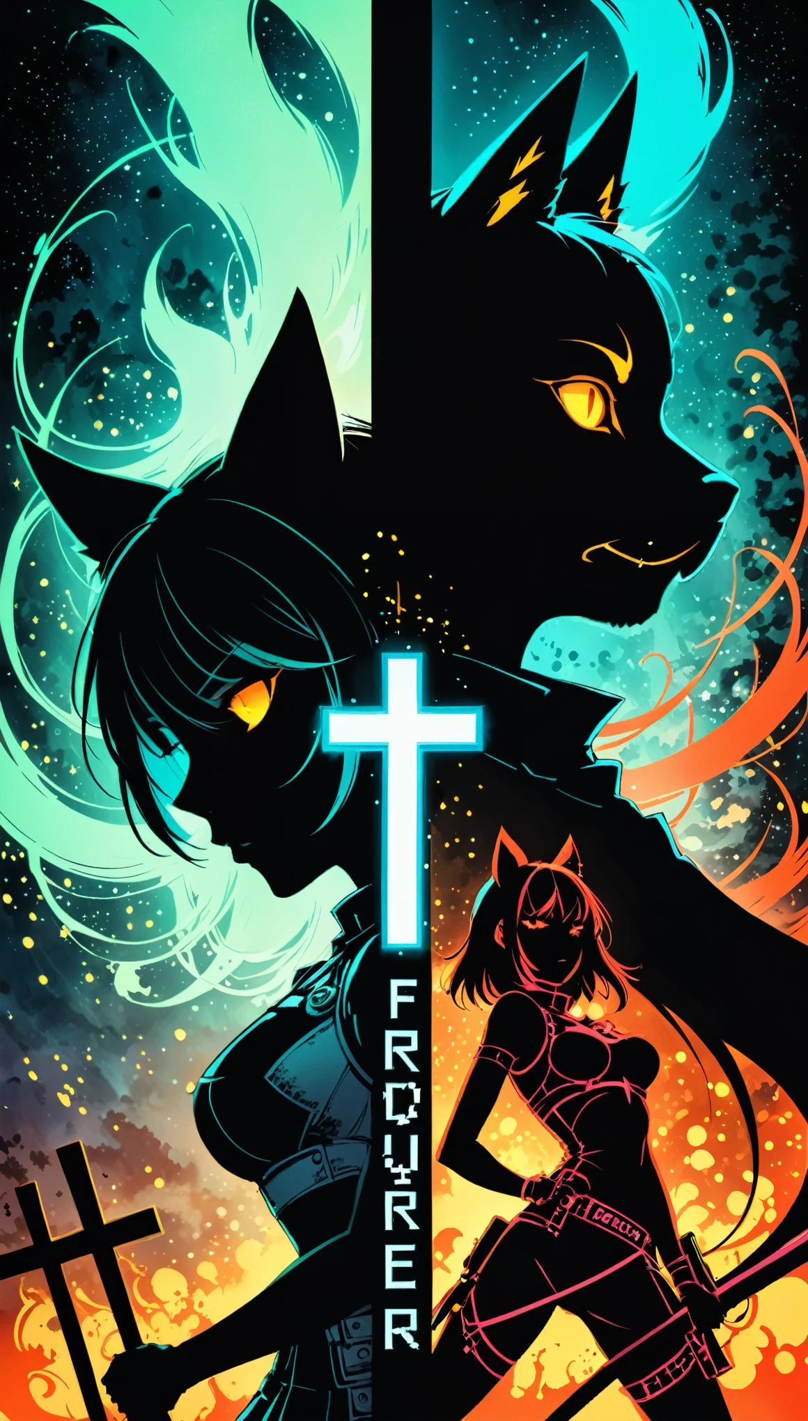 in style of Alex Hirsch,in style of American McGee, in style of Hans Hartung,in style of Harry Kane
(cowboy shot:1.1),Face to face left half (cat ear girl switch) and right half (dog ear gir fighter) , with the text:"Goodbye forever",
Form a cross with capital letters, ides of theimage, mirrored realms, intensity, captivating gaze,(((fluorescent luminescence))),Silhouette,Luminescence