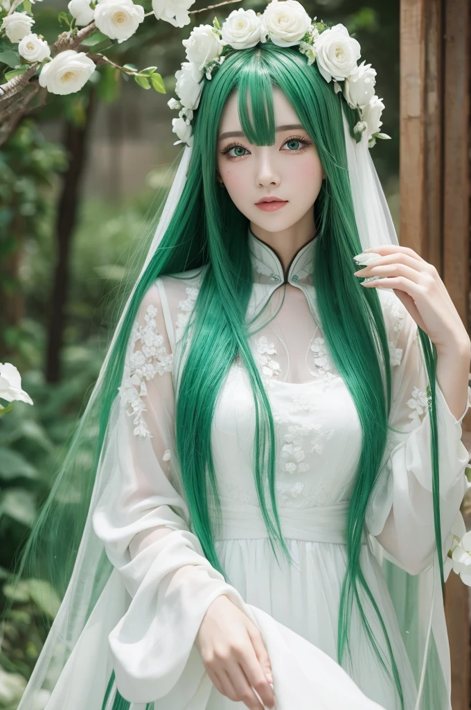 Green Hair White beauty Long Hair China dress Flowers on head
