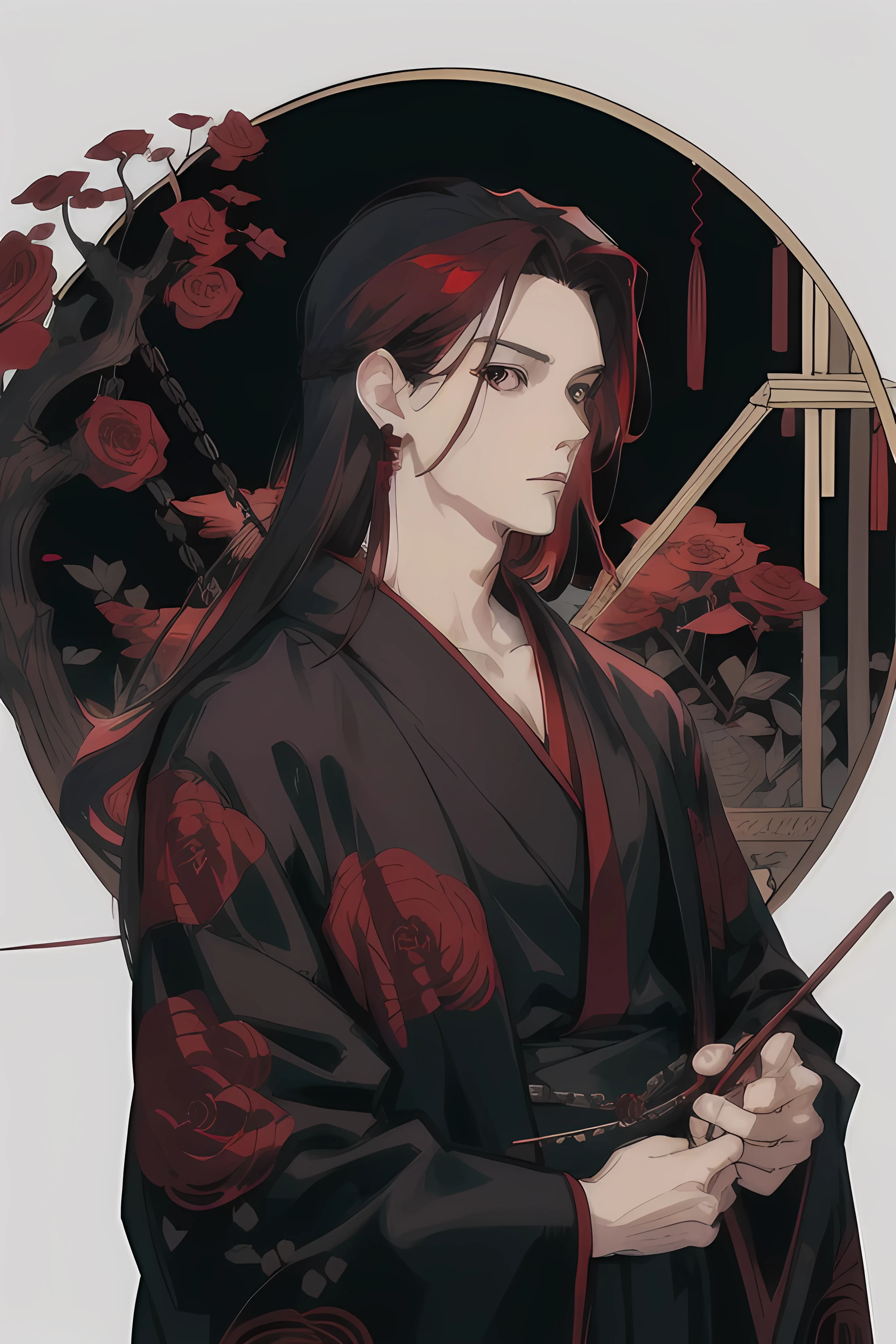 1 man, adult man, burgundy hair, black strand, long hair , hair knitting needles, Red kimono, black patterns, Red roses, black eyes, A glade of roses, looks into the distance, Half Turn, silver earrings, Chain, Hair jewelry,