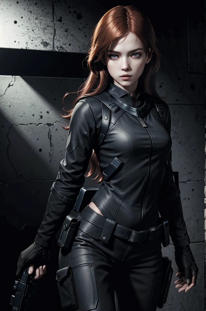 (masterpiece, best quality)
SherryRE, solo, red hair, realistic, long hair, 1girl, black background, dark blue eyes, upper body, lips, parted lips, simple background, dark, combat suit, pistol
