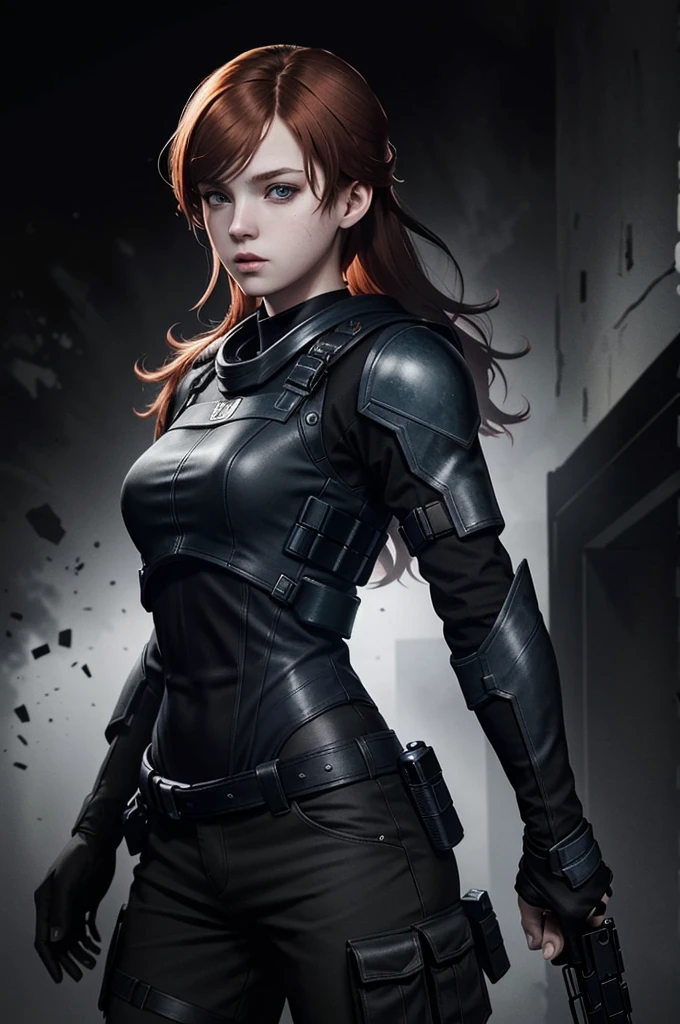 (masterpiece, best quality)
SherryRE, solo, red hair, realistic, long hair, 1girl, black background, dark blue eyes, upper body, lips, parted lips, simple background, dark, combat suit, pistol
