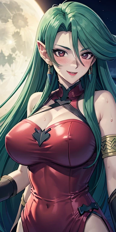 1 Female,High definition,high resolution,Ultra-realistic,8K, 8K, Camula, 1girl, solo,clear skin, long red dress, latex dress,armlets,clear skin, evil smile,European,sexy,Upper body close-up,Photographed from the front,Dynamic Angles,(blush), big tits , happy, wink the eye,facial, sweat,multicolored hair , outdoors, moonlight, night