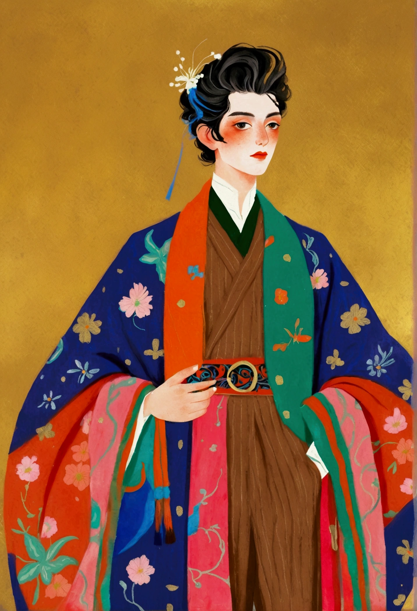 In a painting，A man in a colorful jacket、Delicate androgynous prince wearing a scarf, Gouache inspired by Lubin Baugin, cg Social Hotspot, Cloisonnism, detailed Fashion Illustration, Fashion Illustration, luxury Fashion Illustration, Pale kimono, Complex Abstract. Gucci style, Color illustrations, Colorfull illustration, cypherpunk Fashion Illustration, 