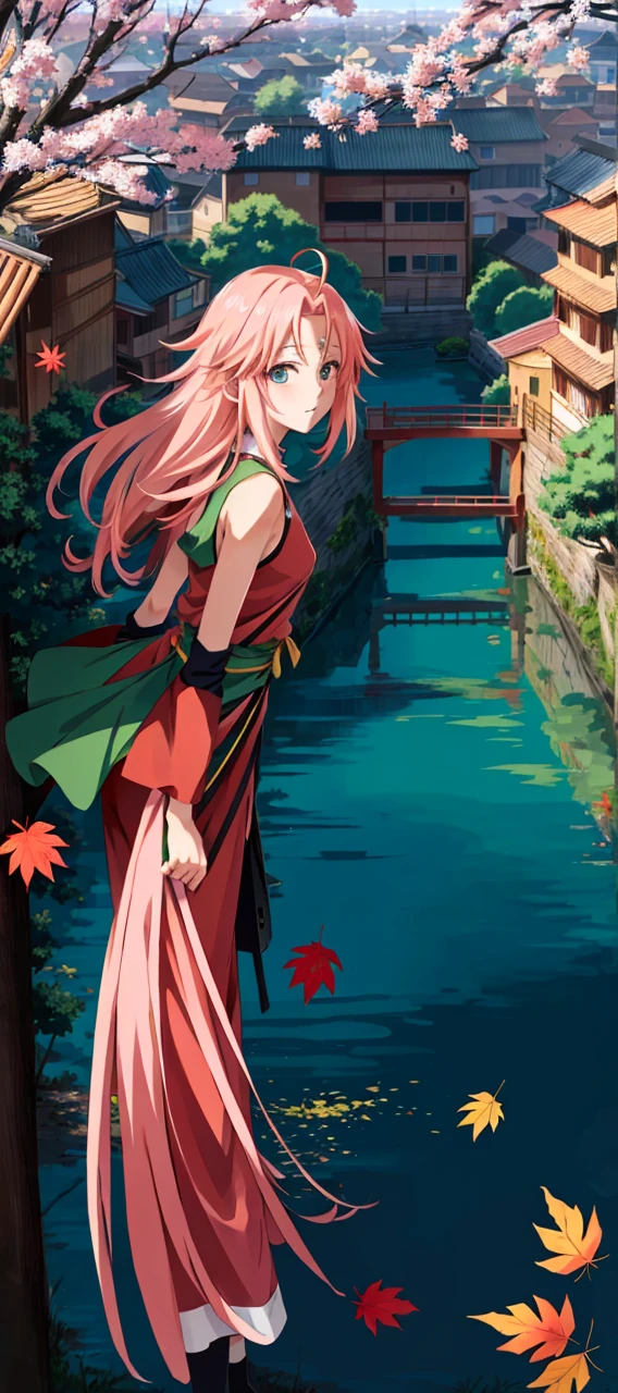 colorful, ((anime)) haruno sakura, long pink hair, green eyes, red dress, ((solo)),  8k, ((leaf village in the background)), ((masterpiece)), HDR, highly detailed, professional  