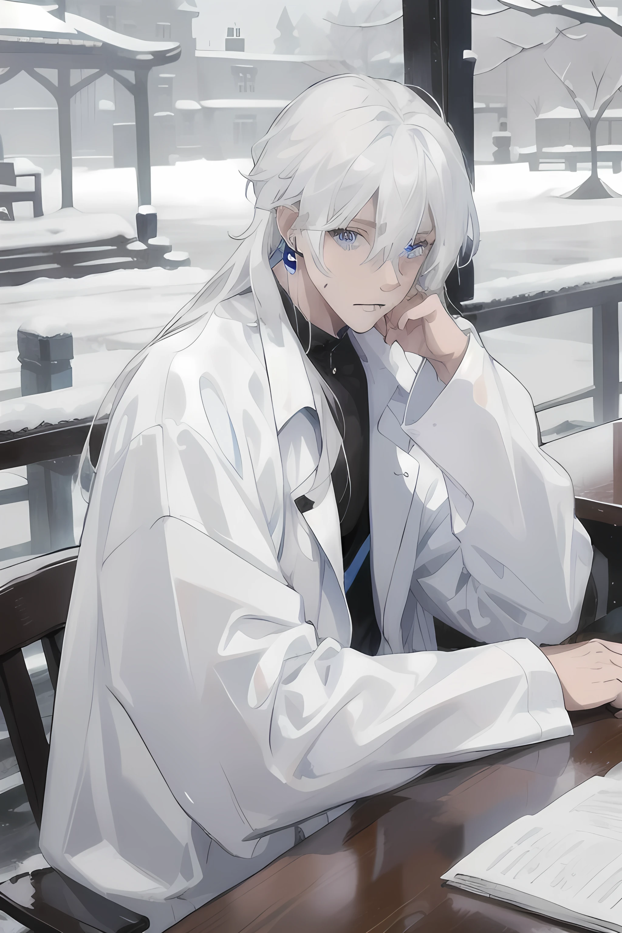 one man, Sits on the table, Blue eyes, White hair, black raincoat, shirt, earrings, snow, long hair, adult man, concentrated, Half Turn