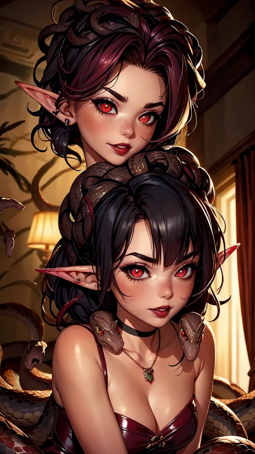 ((Best quality)), ((masterpiece)), (detailed: 1.3)

Beautiful woman, one girl, very detailed eyes, very detailed hair, very detailed clothes, very detailed face, 20 years old girl

((Red eyes)), ((glowing eyes)), ((black hair)), straight hair, medusa hairstyle)), ((elf ears)), heart earrings, piercing, tanned skin, ((black latex dress)), large breasts, cleavage, thick ass, choker, heart necklace, beautiful eyelashes, eyeliner, sultry eyes, juicy lips, soft blush, smooth skin, freckles, natural eyebrows. 

Posing sexily, looking at viewer, in love with viewer, making a silly face, cinematic lights, bedroom, dimmed lights, showing only face and upper body, ((snakes in the background)). 