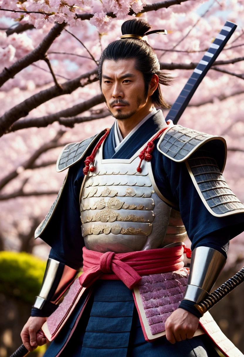 Full photo,A swordsman from the Sengoku period stands in a handsome pose among cherry blossoms,Detailed and complex background, Sparkling, reflected light, Ultra-high resolution, Award-winning, High resolution, Attention to detail texture, Light and dark contrast, Cinema Lighting, masterpiece, Ray Tracing, Structurally correct, Super Details, high quality, Attention to detail, 最high quality, 16K