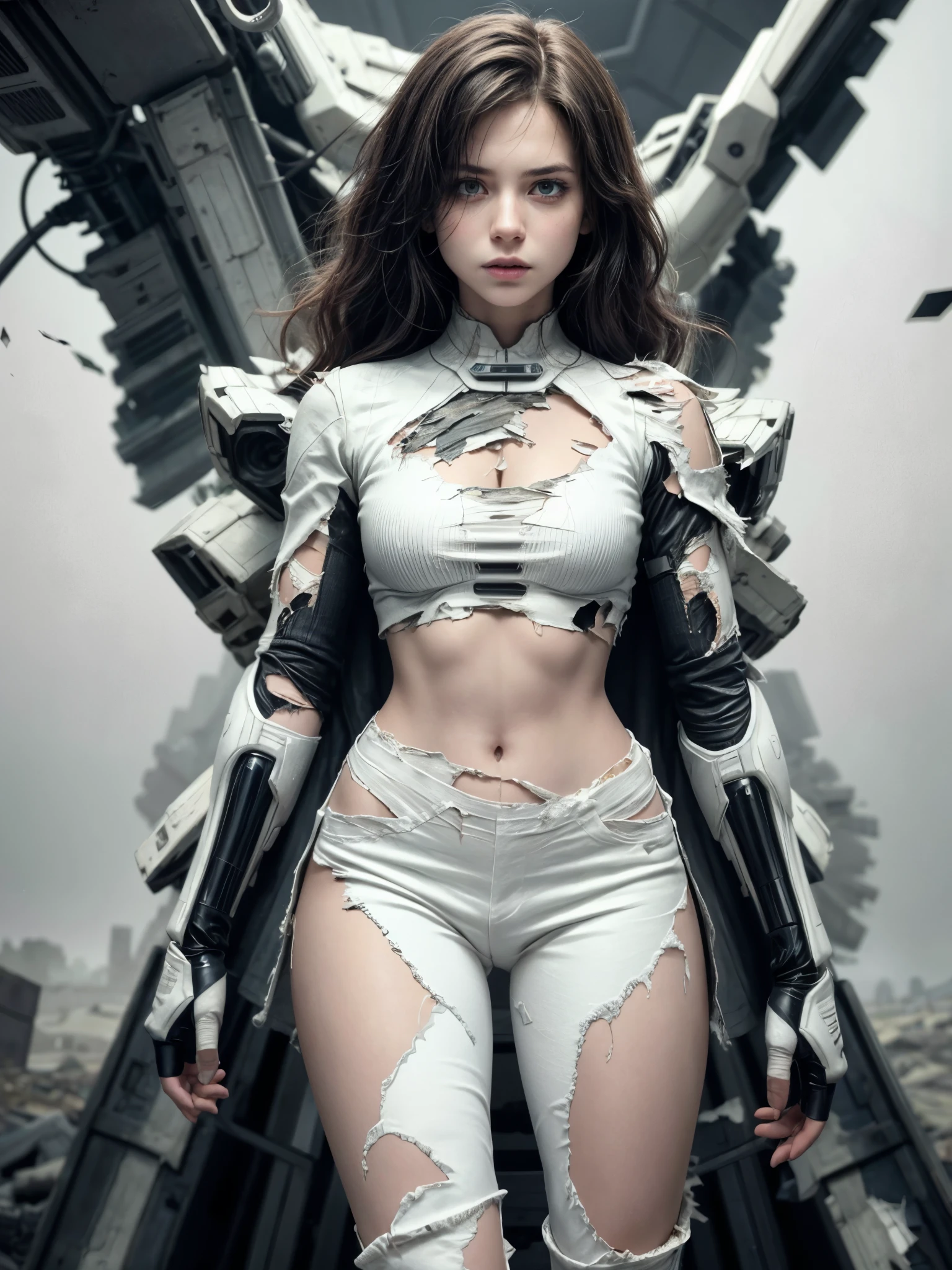 1girl, breasts, skin tight battle suit armor, futuristic, sci-fi, magitech, dynamic stance, dusty landscape, best image quality, masterpiece, super high resolution, (fidelity:1.4), photo, white outfit, (torn outfit:1.4), despair, cinematic,