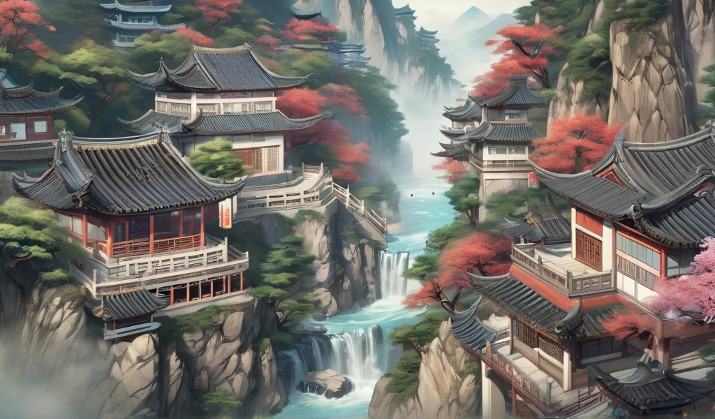 there is a mountain with a waterfall and a building, chinese pagoda, chinese landscape, detailed 4 k, dreamy chinese town, detailed scenery, oriental wallpaper, onmyoji detailed art, beautiful art uhd 4 k, scenery artwork, highly detailed japanese landscape