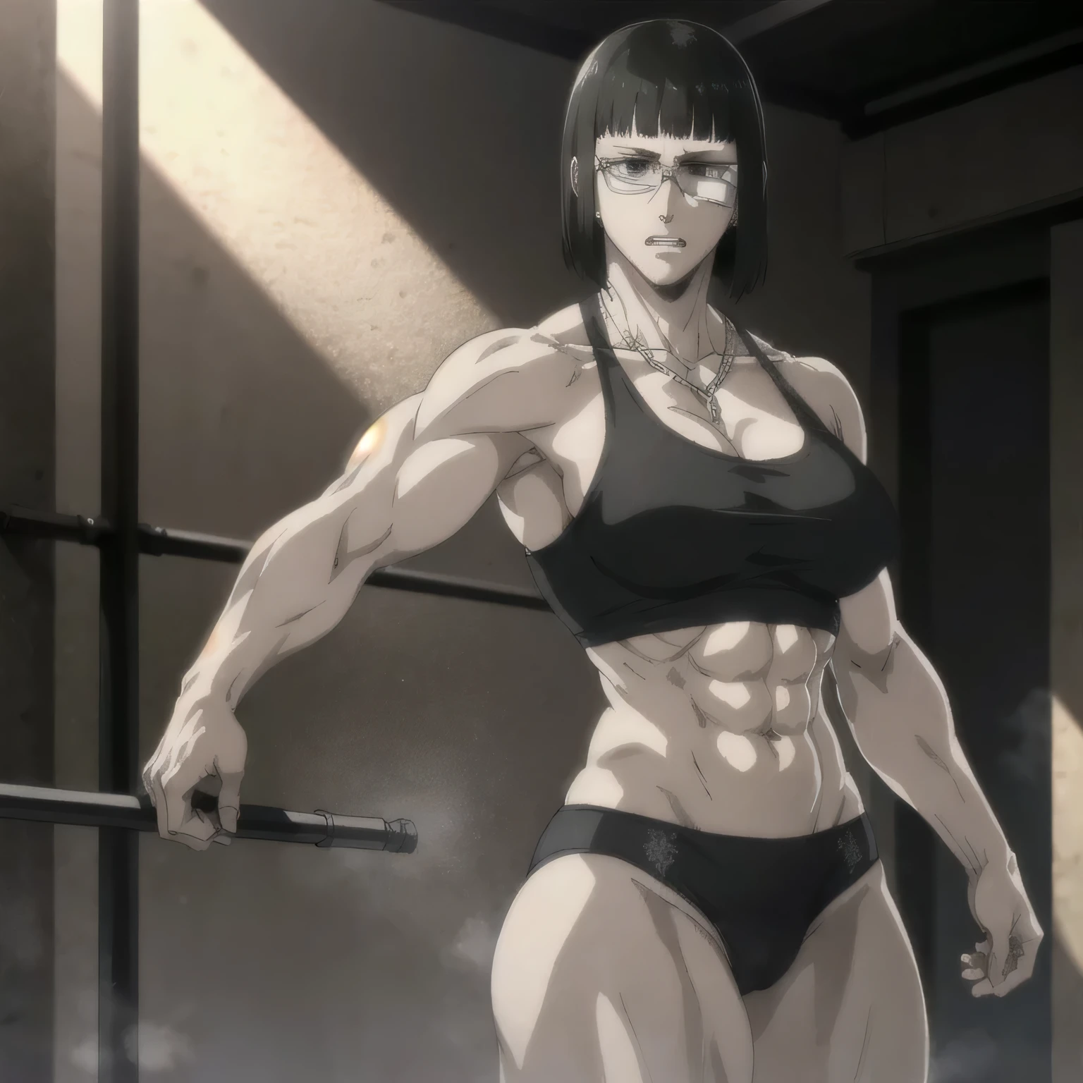 best quality,ultra-detailed,realistic:1.37),musclaur badass girl with sculpted body with preview her musclaur body and six-pack, full review of the female character's face and body, intense expression, strong and confident posture, studio lighting, vivid colors, physiologically-based rendering, grungy texture, rugged background, dust particles in the air, commanding presence, professional, powerful, gritty aesthetics,,Valmet،short hair,necklace,Light reflection on shoulders,clean muscles،wearing black underwear and gray gym tank top,tattoos on shoulders،muscles review( girl solo),eyepatch,Shining muscles,eyes detailing,fat free body,veins in muscles,penis growth inside underwear,Photo session,in street