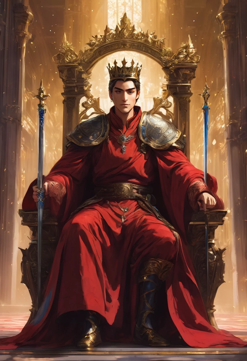 A young man sat on a throne, holding a long sword, a prince in a red robe, wearing a crown, government, fantasy, anime style, HD, masterpiece, 24k