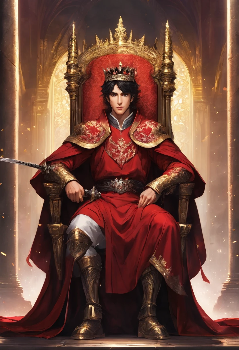 A young man sat on a throne, holding a long sword, a prince in a red robe, wearing a crown, government, fantasy, anime style, HD, masterpiece, 24k