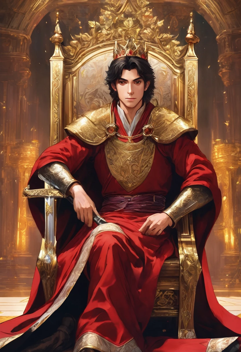 A young man sat on a throne, holding a long sword, a prince in a red robe, wearing a crown, government, fantasy, anime style, HD, masterpiece, 24k