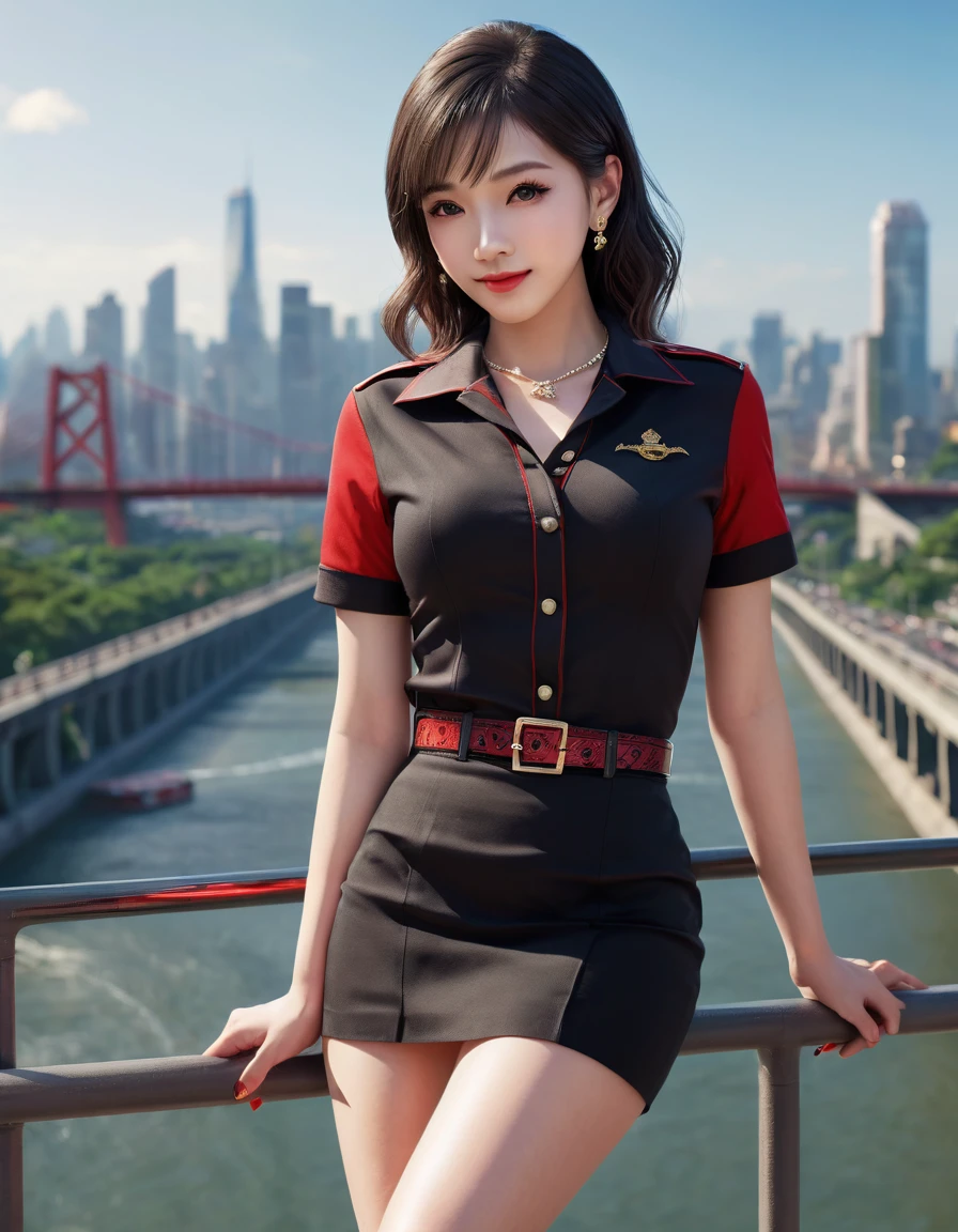 masterpiece:1.3), (best quality:1.3), (realistic:1.3), (photorealistic:1.4), (extremely intricate:1.3), (exquisitely detailed skin), cinematic light, rimlight, vibrant color, depth of field, ultra high res, 8k, uhd, hyper realistic, perfect anatomy, best shadow, ray tracing, delicate, intricate detailed, raw photo, hdr, sharp focus, 1girl, solo, white skin, random hairstyle, (small breasts:1.3), beautiful woman wearing mahalaiuniform, red shirt short sleeves, black pencil skirt, belt, gloss lips, eyeshadow, jewelry, earrings, necklace, high heels, looking at viewer, naughty face, naughty smile, dynamic pose, scenery, city, cityscape, landscape, street, bridge