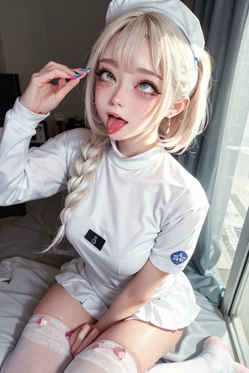 high quality, detailed,nurse,(very very wet and transparent white uniform,skirt),a mole under the eye,(bob hair,bob hair),(tounge out,lots of saliva),(blushing:1.4),smile,absurdres,orgasm,ecstasy,(wearing white overknee socks),the whole body,the whole body,she has a lot of earrings,tattoo,tattoo,looking up,she has fancy nails