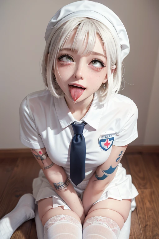 high quality, detailed,nurse,(very very wet and transparent white uniform,skirt),a mole under the eye,(bob hair,bob hair),(tounge out,lots of saliva),(blushing:1.4),smile,absurdres,orgasm,ecstasy,(wearing white overknee socks),the whole body,the whole body,she has a lot of earrings,tattoo,tattoo,looking up,she has fancy nails