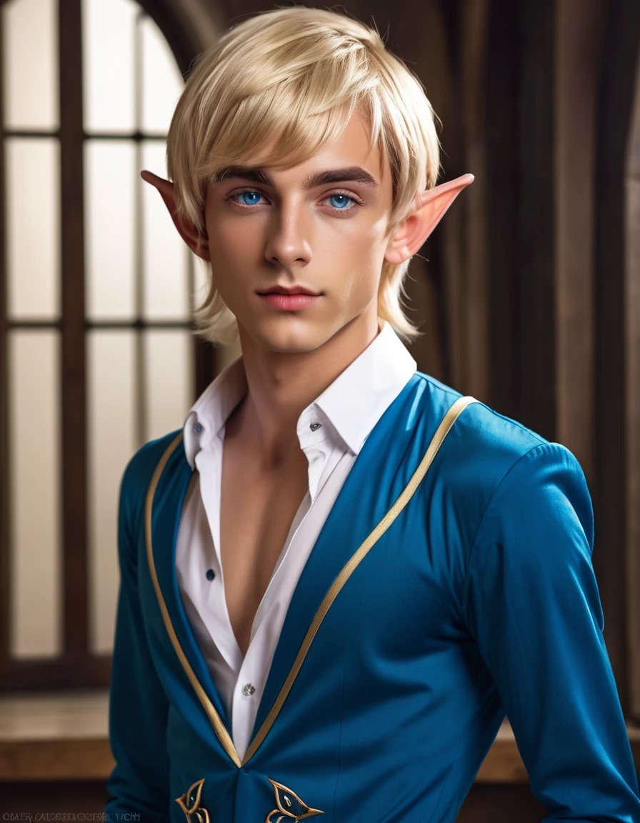 (best quality), 1boy, male, porcelain skin, blonde hair, short hair, straight hair, side swept bangs, brown eyes, perfect eyes, (elf), pointed ears, fantasy robe, skinny body, masterpiece, anatomically correct, highres