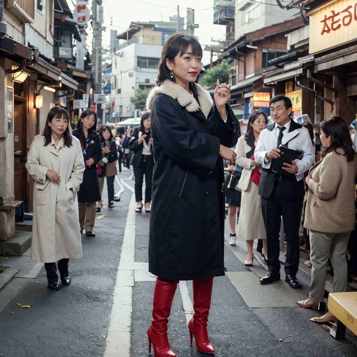 (8k、Best image quality、Highest quality、Highest Resolution、masterpiece、detailed、Actual Photos、Professional photography、Realistic、CG unity、wallpaper、Ultra-high resolution、Soft lighting、Film Grain、Fujifilm XT3、Depth of written border、Sharp focus、35mm lens focal length、Portraiture)、(Beautiful Japanese Mature)、38 years old、1 person、smile、(明るいbrownで長い巻き髪)、(eye shadow、eyelash、Bright red lipstick、Shining foundation、Earrings、The most beautiful dark makeup in the world)、(thin:1.1)、(:1.1)、The clothes are dark green, Chic fall colors.、brown、dark blue、Deep yellow base、Wear stiletto heels、((Wear a long coat or a fur half coat))、(Walking through very narrow backstreets during the day)