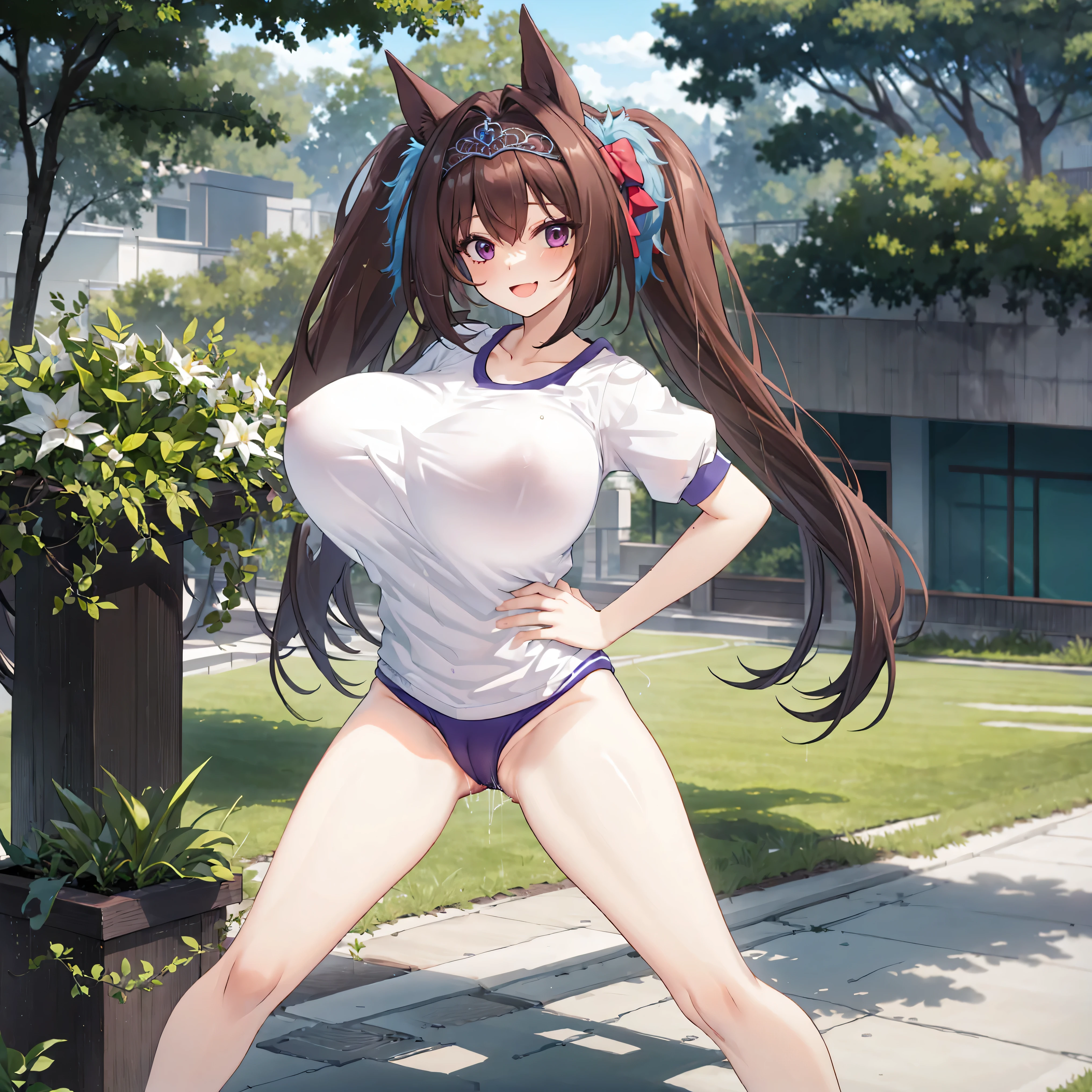 Daiwascarlet, uma-musume, (solo), (dark purple tight brm:1.3), (gym uniform:1.2), BREAK, (bursting disproportionately gigantic huge breasts:1.3), skinny, very short torso, narrow waist, long legs, swaying back, BREAK, (show off cameltoe), BREAK, nsfw, orgasm, forced smile, brm digging deep into cameltoe, pussy juice
