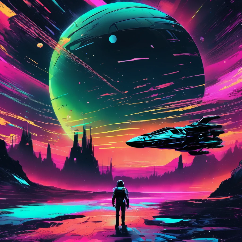 Futuristic T-shirt, x-wing fighter, star wars, Space Landscape, Neon Color Palette, Metallic Texture, Glitch Art Style, Fish-Eye Perspective
, TshirtDesignAF
