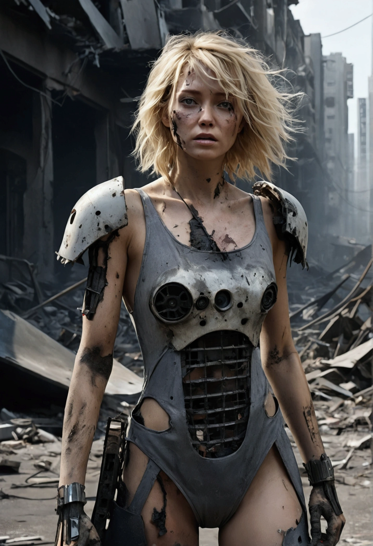 8k Quality, Ultra High Definition Realistic, Near-future Robot War, A woman surviving in a destroyed city and destroyed robots, wearing a tattered one-piece dress, blonde hair that is disheveled and messy, face dirty with soot, holding a hatchet in her hand, looks like she has barely escaped, the city is gray overall, the shadows are deep, the camera looks down on her and the entire city.
