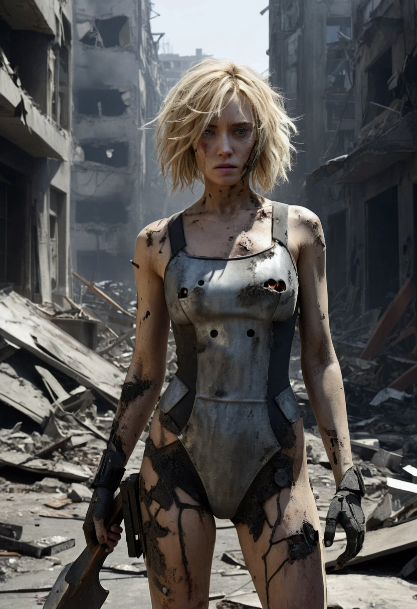 8k Quality, Ultra High Definition Realistic, Near-future Robot War, A woman surviving in a destroyed city and destroyed robots, wearing a tattered one-piece dress, blonde hair that is disheveled and messy, face dirty with soot, holding a hatchet in her hand, looks like she has barely escaped, the city is gray overall, the shadows are deep, the camera looks down on her and the entire city.