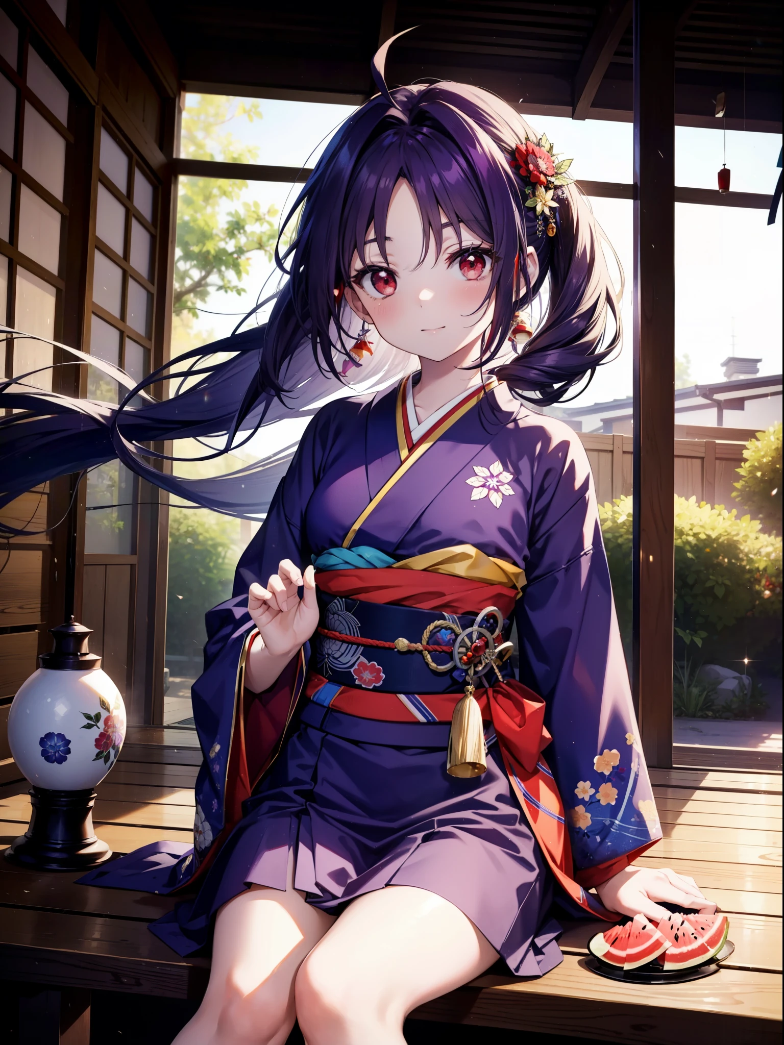 yuukikonno, Yuuki Konno, hair band, Long Hair, Pointed Ears, Purple Hair, Ahoge,(Red eyes:1.5), (Small breasts:1.2),low twin tail,smile,blush,Open your mouth,Purple Kimono,Purple long skirt,Fireworks in the night sky,Fireworks,The place is a fireworks display,Time is night,sunny day,Sitting on a bench,A triangular piece of red watermelon is placed on a plate on a bench.,Wind Chimes,whole bodyがイラストに入るよう,
break looking at viewer, , whole body, (Cowboy Shot:1. 5)
break indoors, Veranda,Japanese garden,
break (masterpiece:1.2), Highest quality, High resolution, unity 8k wallpaper, (figure:0.8), (Beautiful attention to detail:1.6), Highly detailed face, Perfect lighting, Highly detailed CG, (Perfect hands, Perfect Anatomy),