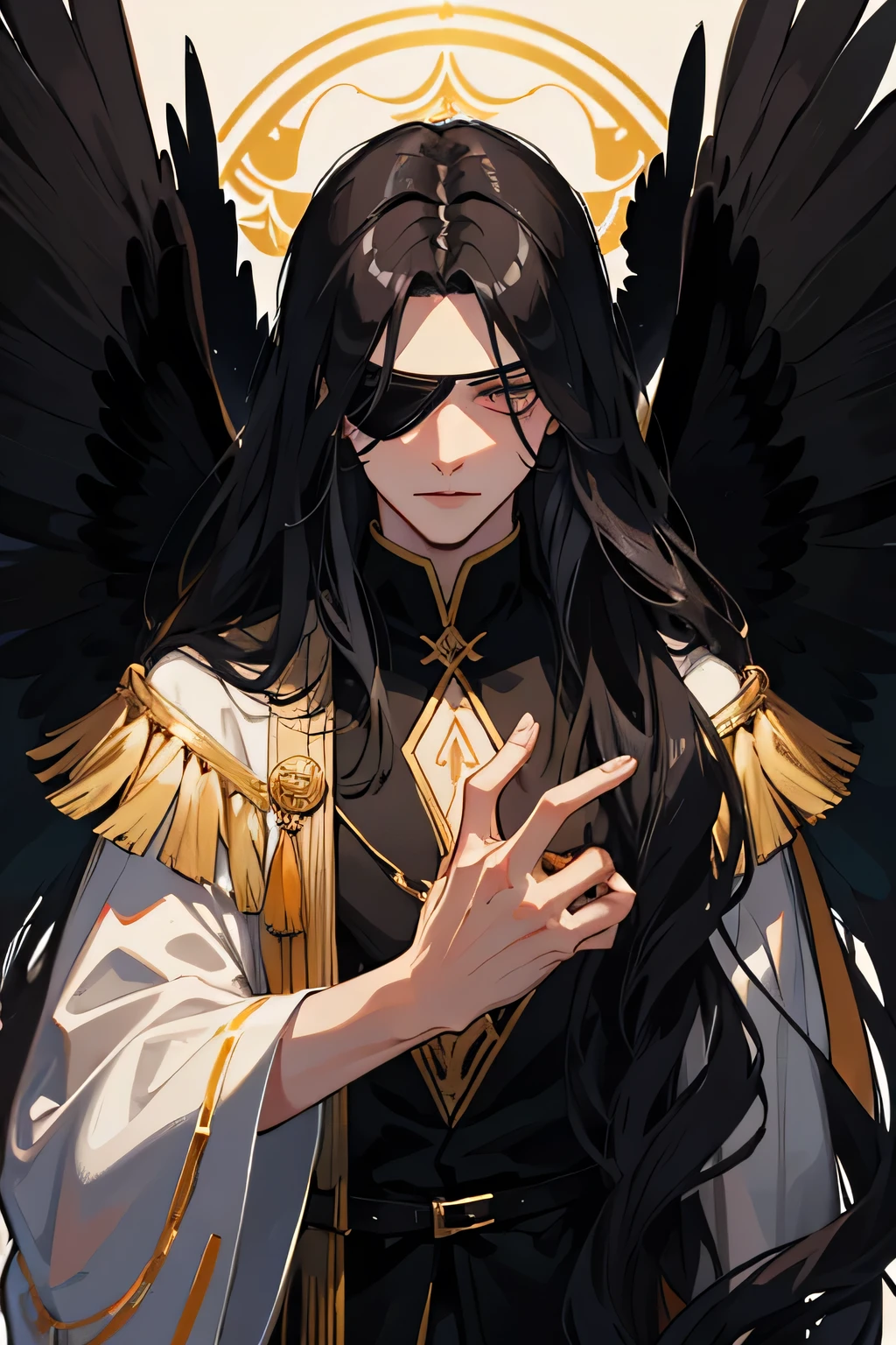 A tall man. Very long wavy black hair. eyes covered with a blindfold. wings. Black fantasy clothing.