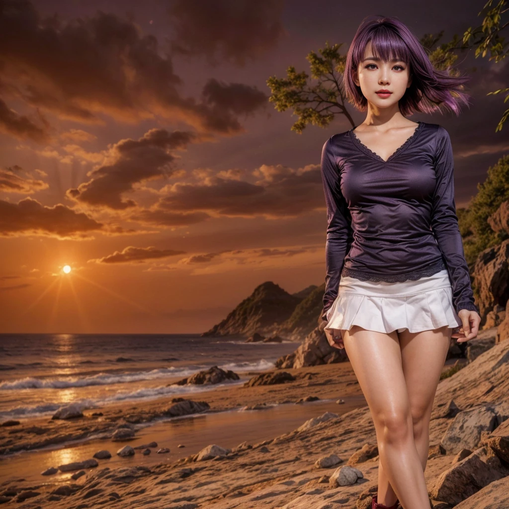 Ayane, cabelo roxo, (best qualityer, ultra detali), (realisitic:1.37), beautiful and detailed face, ultra-realisitic texture, 精致的面容, Delicate body, red lipgloss stick, long-lasting colors. High definition, 8k.
