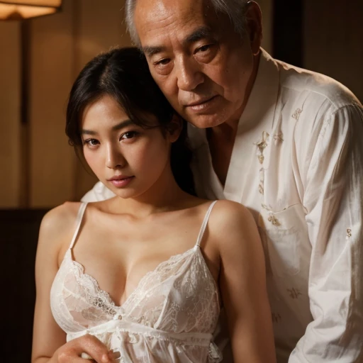 Realistic, 4k, japanese beautiful girl, grandfather 75 years old
