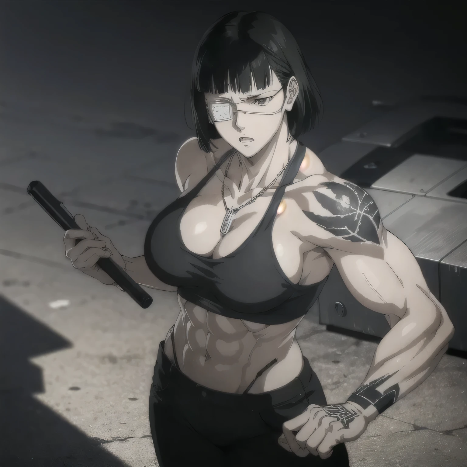 best quality,ultra-detailed,realistic:1.37),musclaur badass girl with sculpted body with preview her musclaur body and six-pack, full review of the female character's face and body, intense expression, strong and confident posture, studio lighting, vivid colors, physiologically-based rendering, grungy texture, rugged background, dust particles in the air, commanding presence, professional, powerful, gritty aesthetics,,Valmet،short hair,necklace,Light reflection on shoulders,clean muscles،wearing black loose military pants gray gym tank top,tattoos on shoulders،muscles review(1girl solo),eyepatch,Shining muscles,eyes detailing,fat free body,veins in muscles,penis growth inside underwear,Photo session,in street