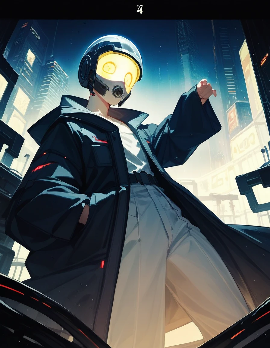 (best quality:1.3), (The best show:1.2), (Best Illustration:1.2), (Comic Style:1.2), (art film lighting:1.2) (1 person) Wearing futuristic electronic robe cyberpunk technology, His body was covered with metal parts, Horror as the background,In the cyberpunk city of the future, (Wearing a tech electronic helmet:1.2)