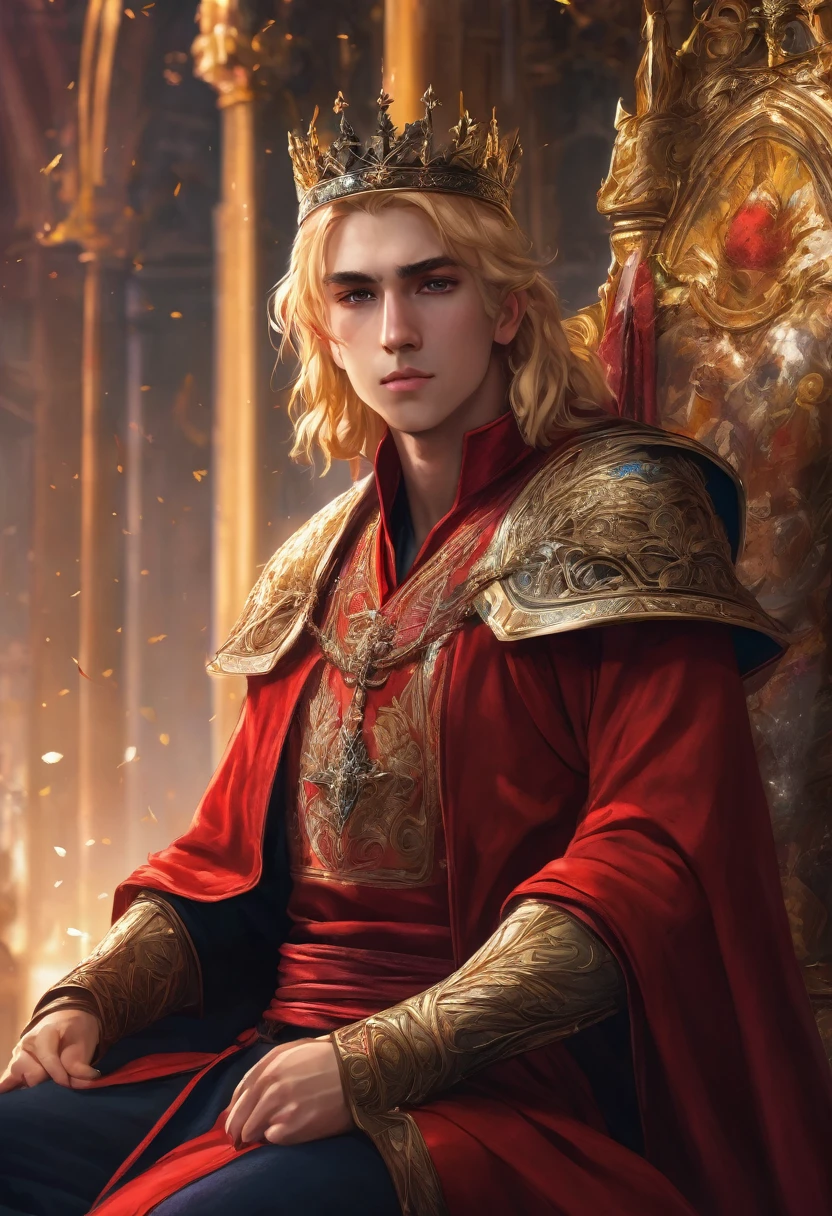 A young man with blonde hair sat on the throne, holding a long sword, a prince in a red robe, wearing a crown, government, fantasy, anime style, HD, masterpiece, 24k, super detail, super realistic, high resolution.