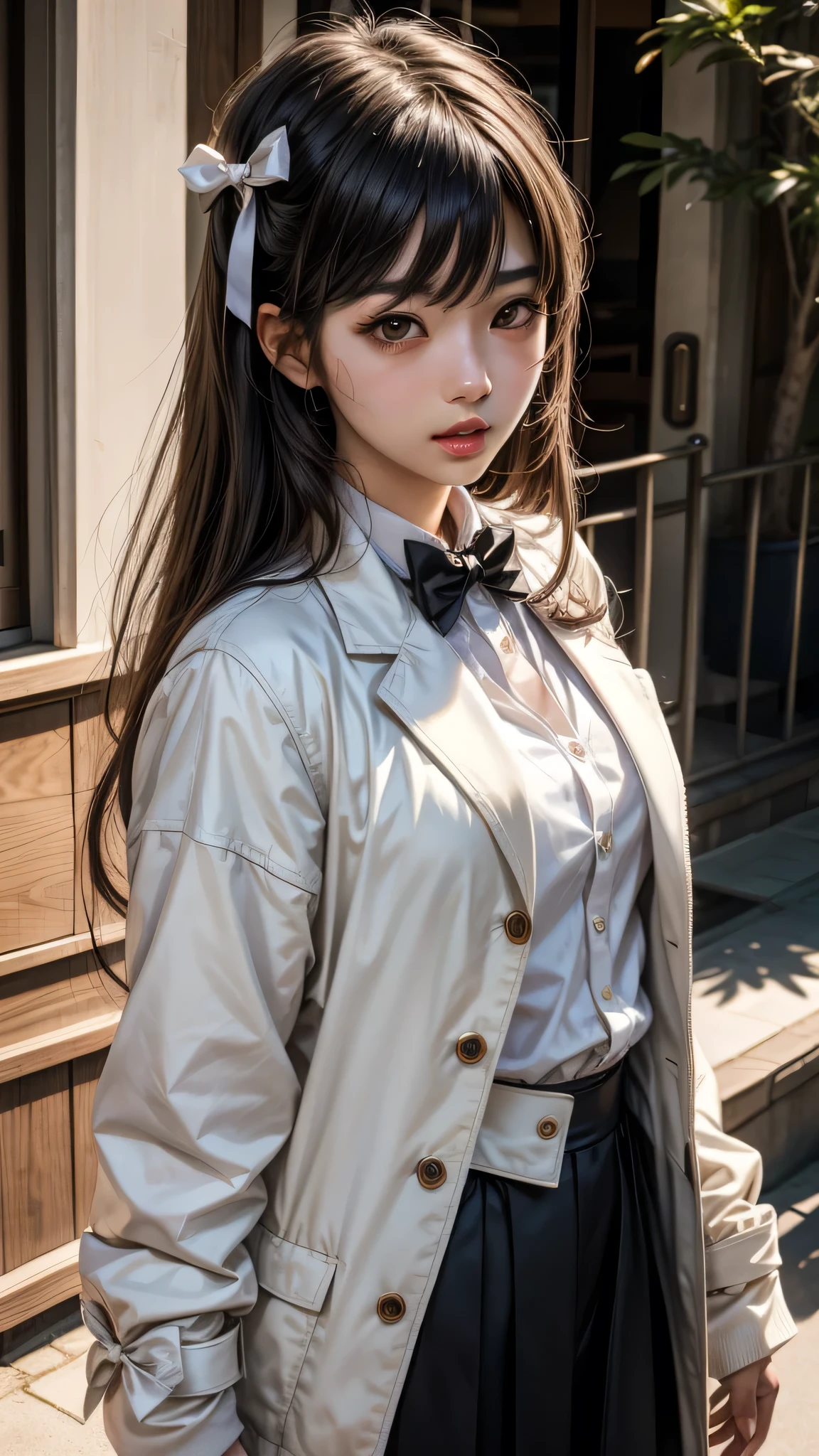 there is a woman with long hair wearing a white jacket and a bow tie, korean girl, realistic young anime girl, chinese girl, anime girl in real life, anime girl with long hair, white hime cut hairstyle, cute natural anime face, realistic anime 3 d style, beautiful anime girl, with cute - fine - face, beautiful anime portrait, beautiful south korean woman