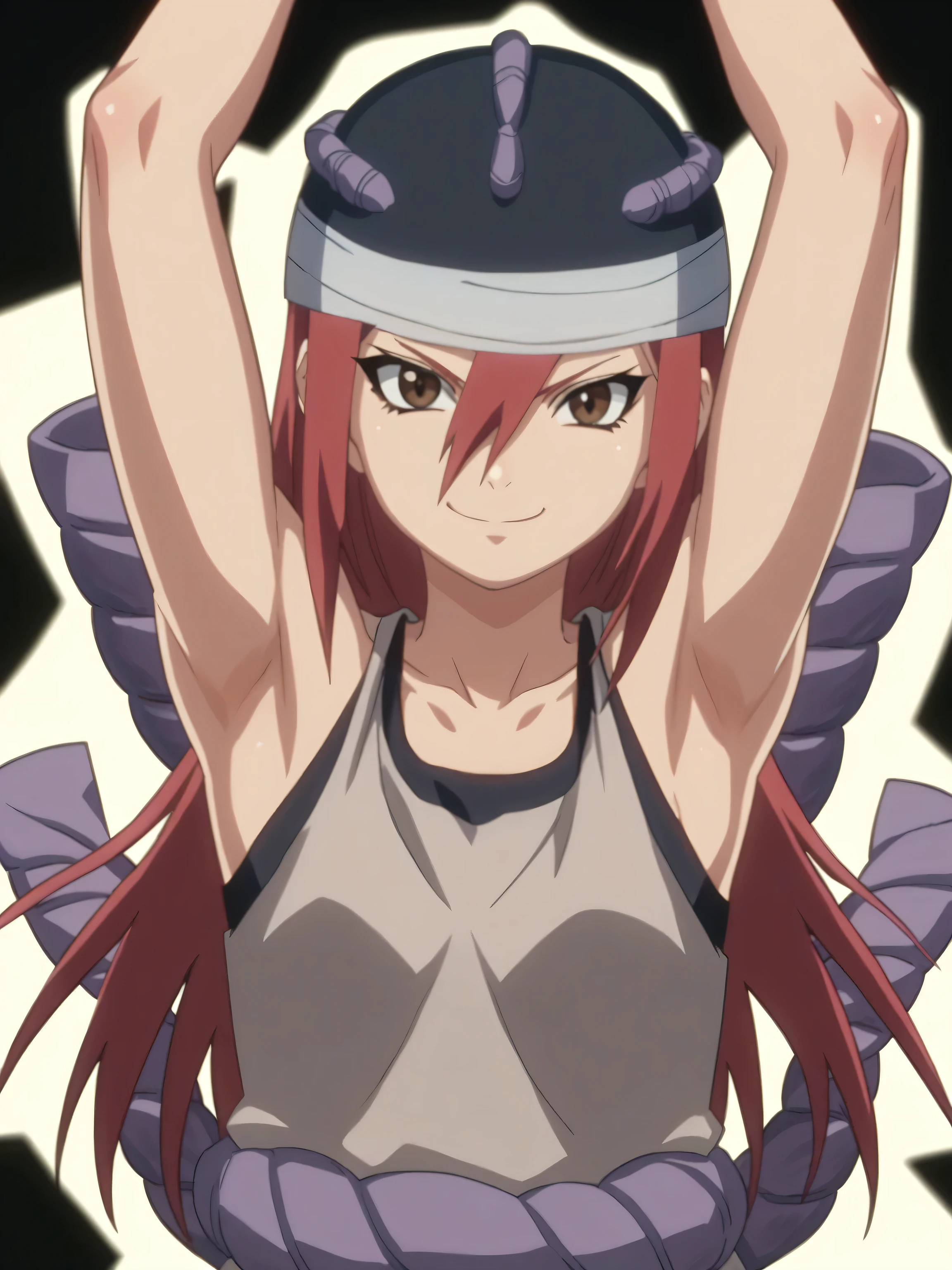 score_9, score_8_up, score_7_up, source_anime, tayuya, red hair, long hair, brown eyes, black headwear, tan tunic, purple rope belt, sleeveless tunic, sleeveless, bare shoulders, bare arms, 1girl, solo, anime screencap, frontlighting, simple background, black background, dark background, soft light, shiny skin, shiny hair, looking at viewer, eye contact with viewer, evil smile, closed mouth, arms up, raised arms, armpits, in the center, symmetrical, upright,