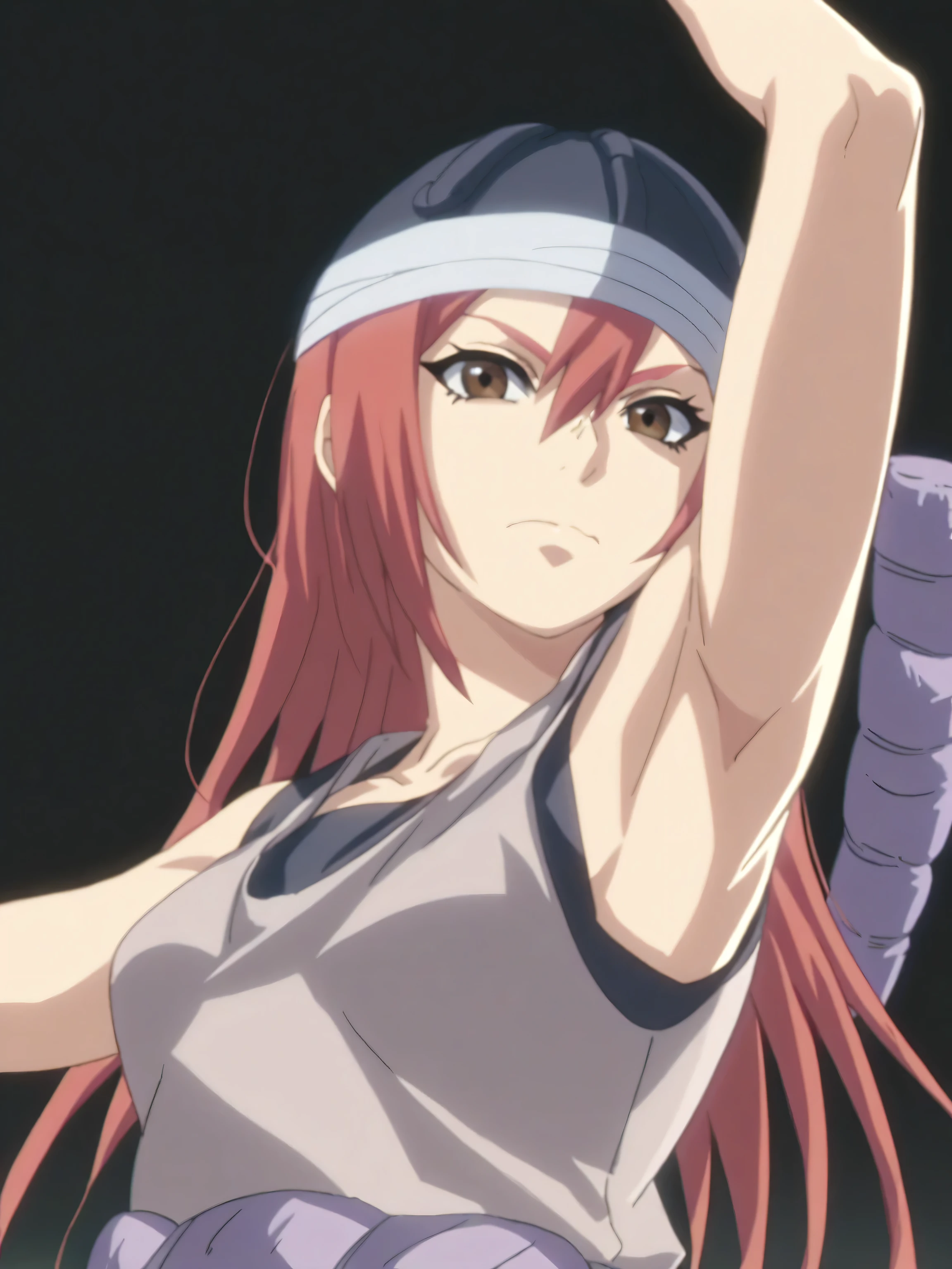 score_9, score_8_up, score_7_up, source_anime, tayuya, red hair, long hair, brown eyes, black headwear, tan tunic, purple rope belt, sleeveless tunic, sleeveless, bare shoulders, bare arms, 1girl, solo, anime screencap, frontlighting, simple background, black background, dark background, soft light, shiny skin, shiny hair, (looking at viewer, eye contact with viewer:1.1), (evil smile:1.1), closed mouth, arm up, raised arm, armpit, (from side, from below:1.4)