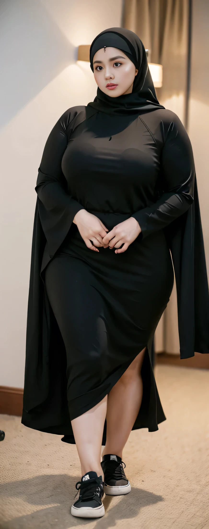 Milky white skin woman in black dress and hijab walking down the room, ,  hijab outfit, ,  hijab fashion model, plus size, plus size woman, ,  woman in black robes, beautiful woman, thicc, black outfit,, bbwchan , white sneakers , Height 170 cm, beautiful woman, with a beautiful appearance, a very beautiful masterpiece, a masterpiece of art, good lighting, Bright colors, Clean lines, .