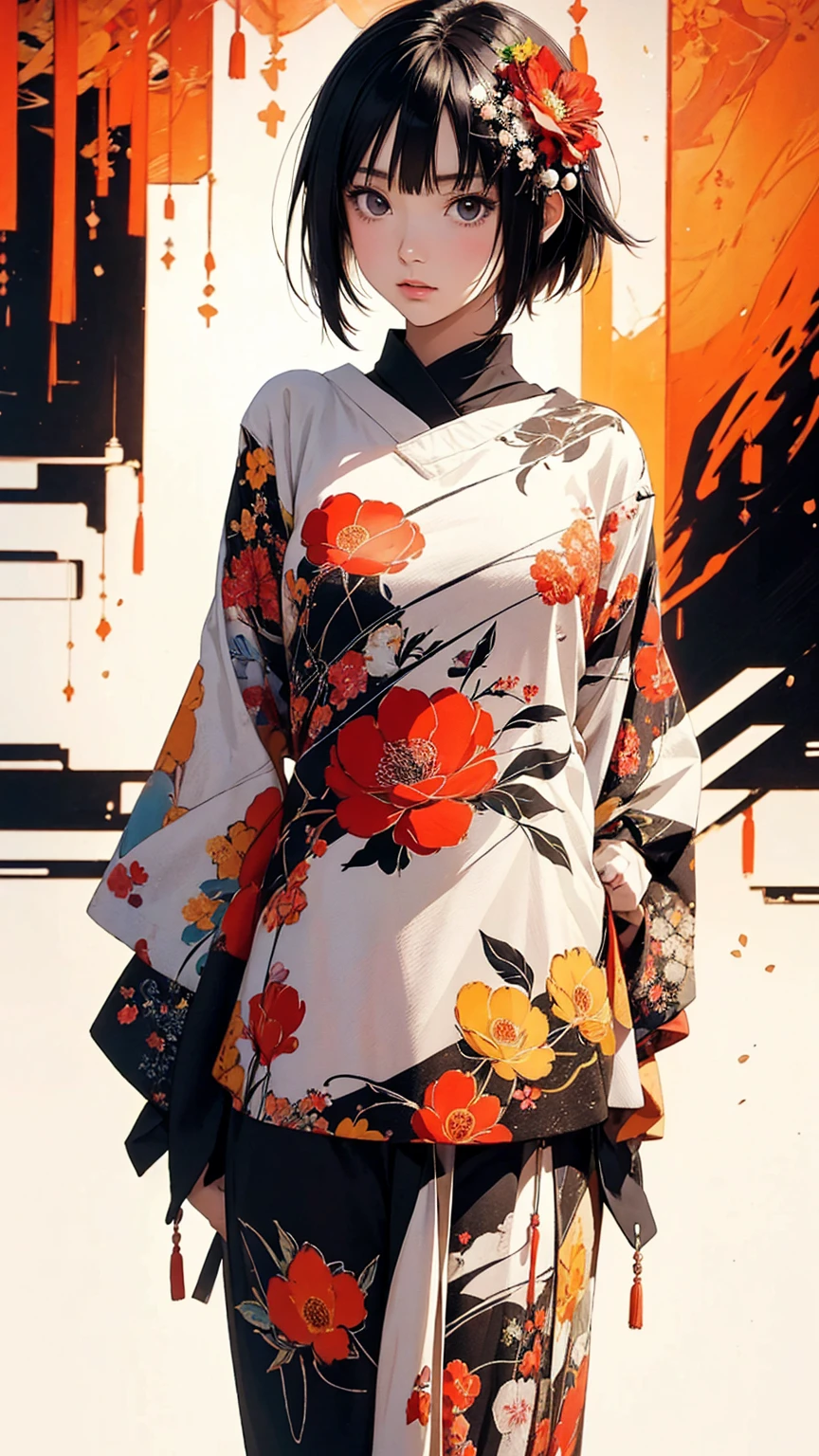 (masterpiece, High resolution, Highest quality), 20-year-old woman, Japanese-style punk fashion:1.2, Petal Collage, abstract design, And handle background, warm color, artistic juxtapositions, mixed-media approach, Anime Style, Simple lines, Digital Painting,