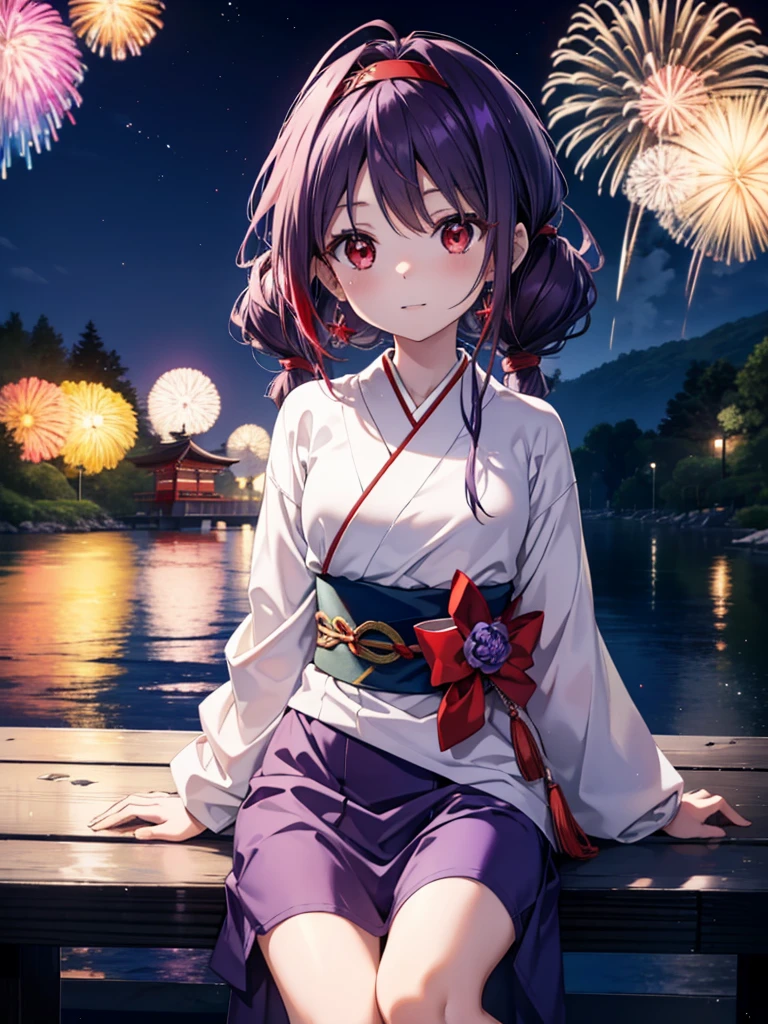 yuukikonno, Yuuki Konno, hair band, Long Hair, Pointed Ears, Purple Hair, Ahoge,(Red eyes:1.5), (Small breasts:1.2),low twin tail,smile,blush,Open your mouth,Purple Kimono,Purple long skirt,Fireworks in the night sky,Fireworks,The place is a fireworks display,Time is night,sunny day,Sitting on a bench,A triangular piece of red watermelon is placed on a plate on a bench.,Wind Chimes,whole bodyがイラストに入るよう,
break looking at viewer, , whole body, (Cowboy Shot:1. 5)
break indoors, Veranda,Japanese garden,
break (masterpiece:1.2), Highest quality, High resolution, unity 8k wallpaper, (figure:0.8), (Beautiful attention to detail:1.6), Highly detailed face, Perfect lighting, Highly detailed CG, (Perfect hands, Perfect Anatomy),