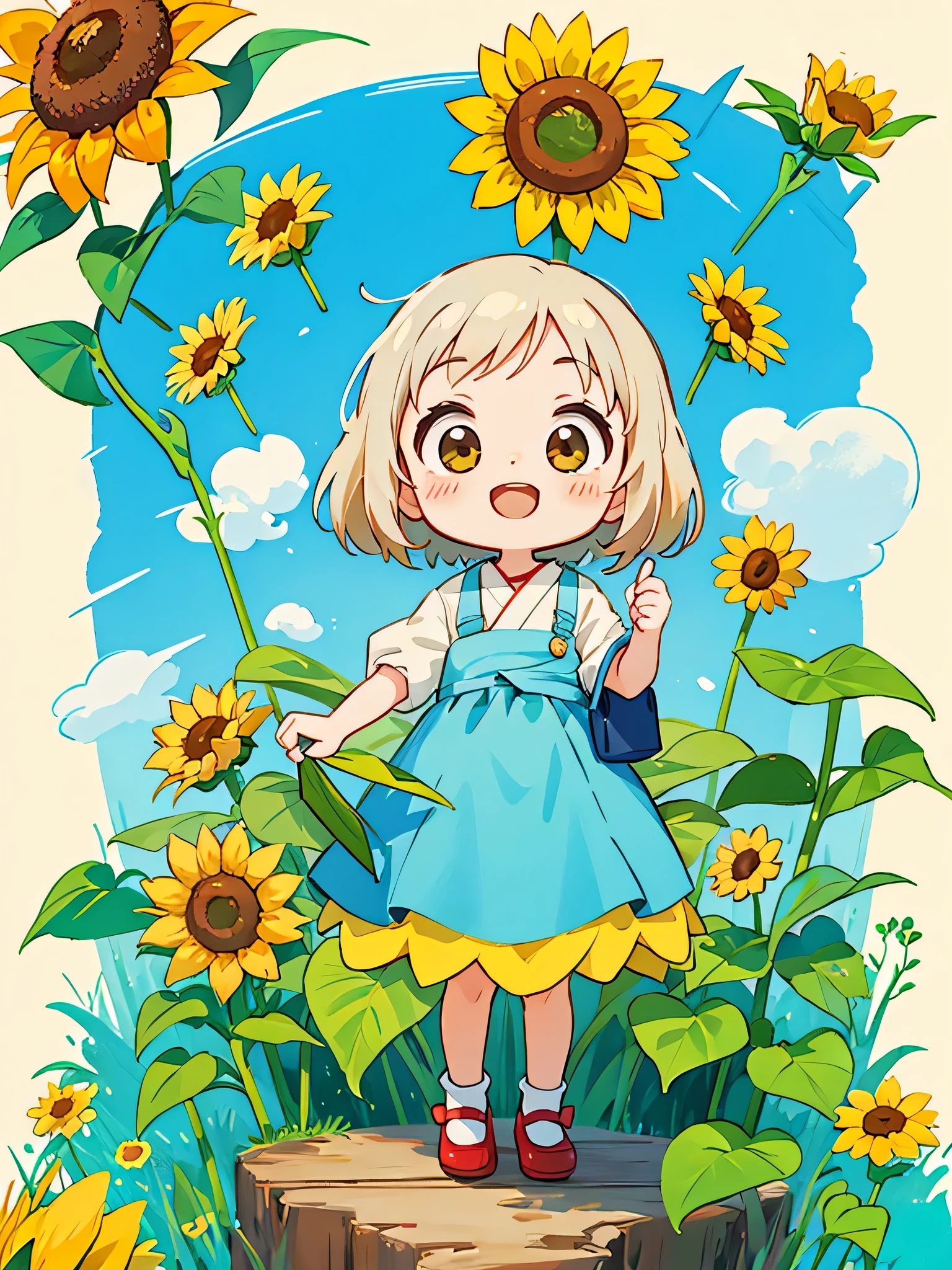 hayao miyazaki style, Kawaii Design, The most beautiful girl of all time、chibi, (((happy))) , sunflower