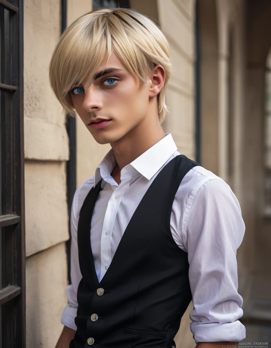 (best quality), 1boy, male, tanned skin, blonde hair, short hair, side bangs, beautiful hairstyle, blue eyes, perfect eyes, femboy, slender, handsome, attractive, fully clothed, skinny body, crossdresser, (gothic clothes), masterpiece, anatomically correct, highres
