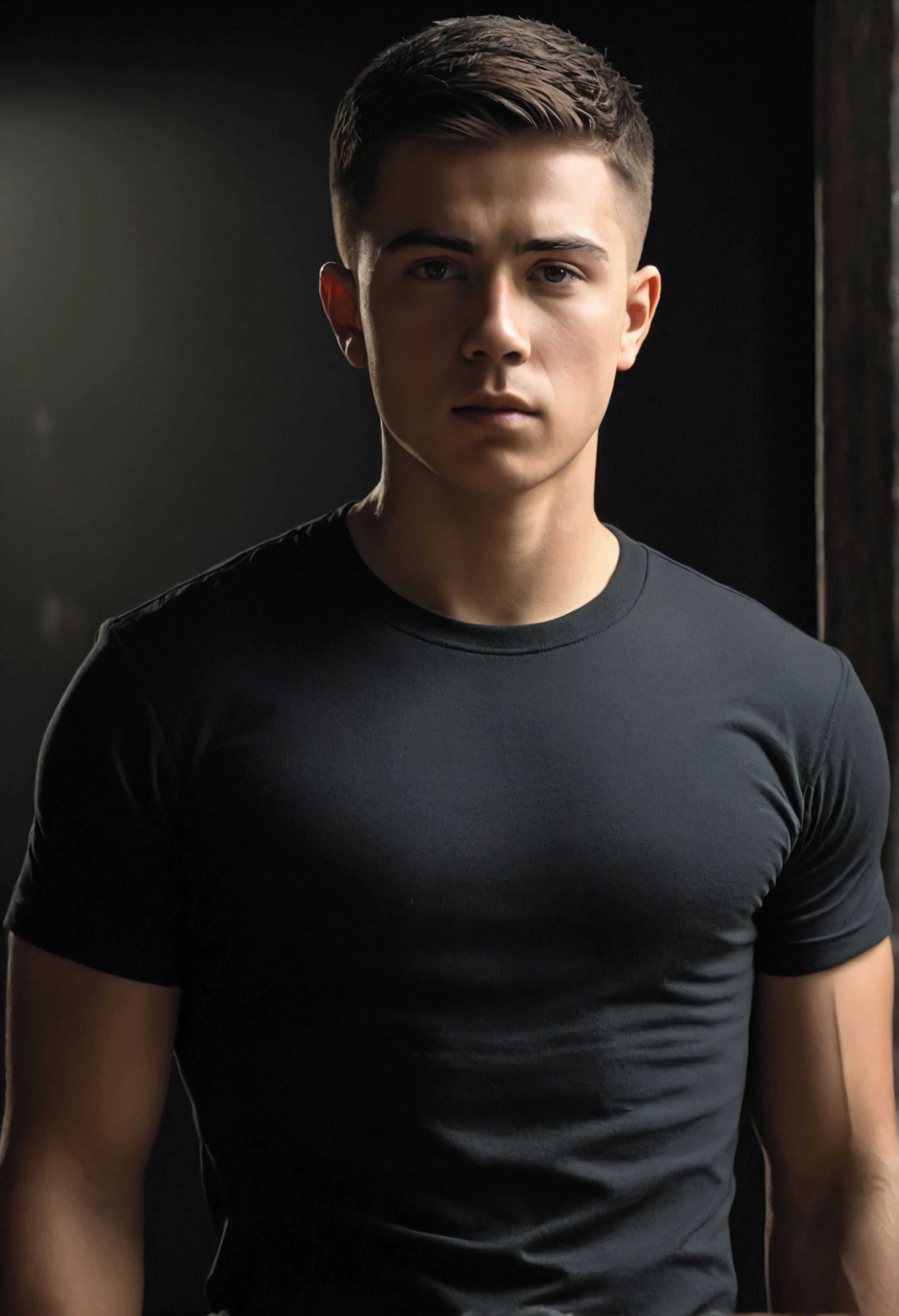 A 22 year old man, wearing a black t-shirt tight to the body, super realistico, cinematic effect, short hair in military haircut style, background with dark environment, good lighting as if it were a scene from a movie, 8k, ultra realisitic, sharp.