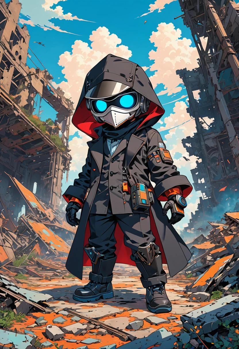 (masterpiece, best quality:1.1), (ultra highres, ultra-detailed:1.2),(doodle),pop-art,flatcolor,one chibi-boy,(male Mad-scientist,short hight),(wearing plague-doctor costume,white beak-mask),eyes glow blue,black hood,black lab-coat, mecha arm, BREAK boy pose,in mechanical ruins,absurdity, extraordinary,dynamic angle,
