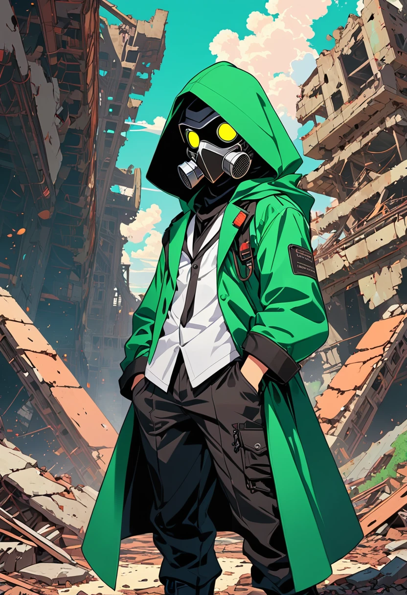 (masterpiece, best quality:1.1), (ultra highres, ultra-detailed:1.2),(doodle),pop-art,flatcolor,one chibi-boy,(male Mad-scientist,short hight),(wearing plague-doctor costume,white beak-mask),eyes glow green,black hood,black lab-coat, mecha arm, BREAK boy pose,in mechanical ruins,absurdity, extraordinary,dynamic angle,