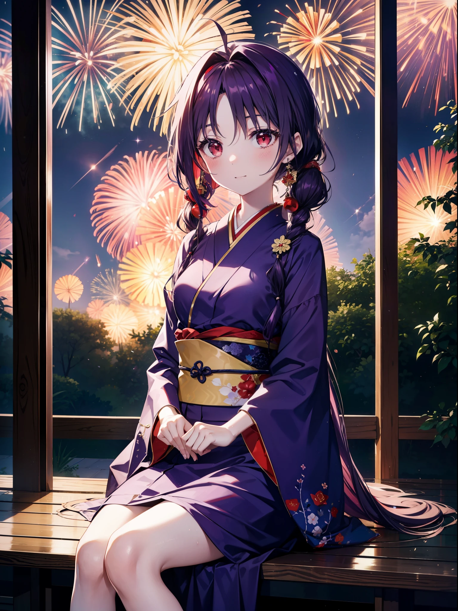 yuukikonno, Yuuki Konno, hair band, Long Hair, Pointed Ears, Purple Hair, Ahoge,(Red eyes:1.5), (Small breasts:1.2),low twin tail,smile,blush,Open your mouth,Purple Kimono,Purple long skirt,Fireworks in the night sky,Fireworks,The place is a fireworks display,Time is night,sunny day,Sitting on a bench,A triangular piece of red watermelon is placed on a plate on a bench.,Wind Chimes,whole bodyがイラストに入るよう,
break looking at viewer, , whole body, (Cowboy Shot:1. 5)
break indoors, Veranda,Japanese garden,
break (masterpiece:1.2), Highest quality, High resolution, unity 8k wallpaper, (figure:0.8), (Beautiful attention to detail:1.6), Highly detailed face, Perfect lighting, Highly detailed CG, (Perfect hands, Perfect Anatomy),