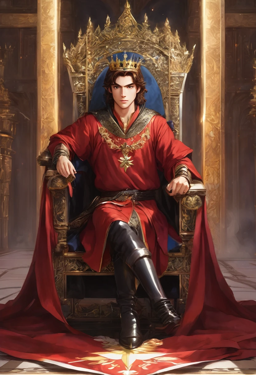A brown-haired young man sat on the throne, holding a long sword, a prince in a red robe, wearing a crown, government, fantasy, anime style, HD, masterpiece, 24k, super detail, super realistic, high resolution.