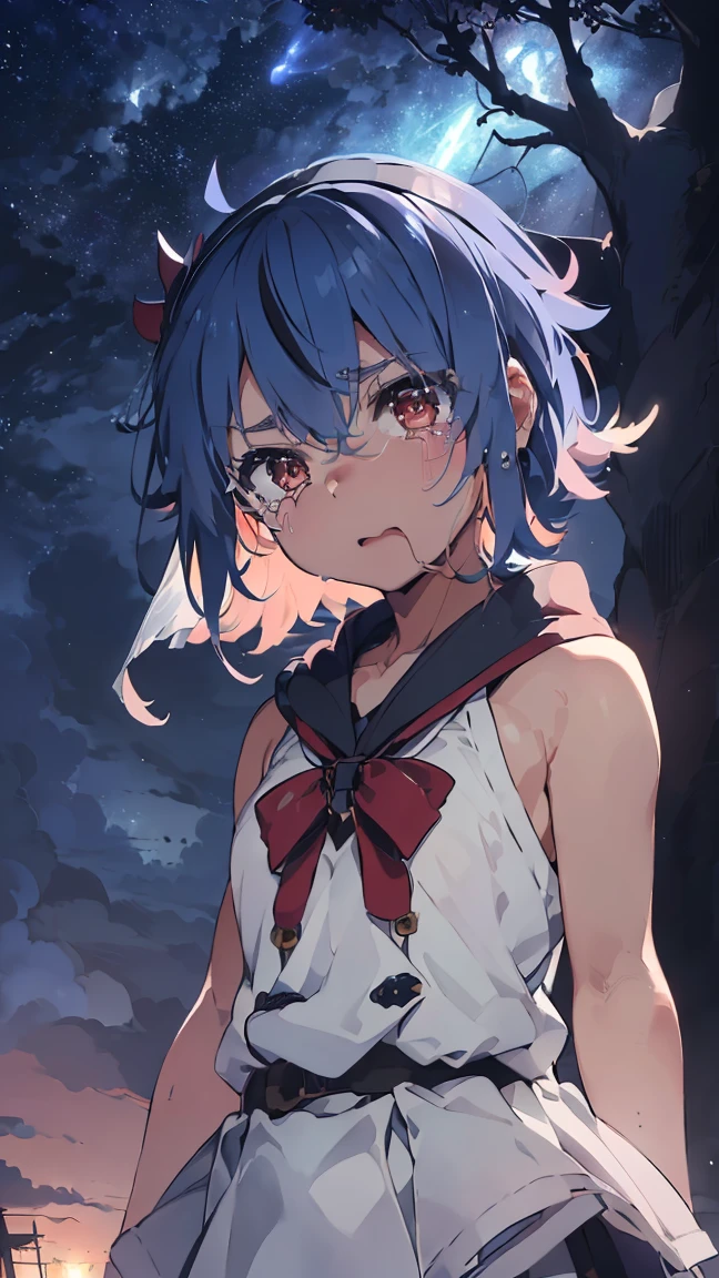 masterpiece, Highest quality, High resolution, Very detailed,(((Mikoto Naruka))), (((Blue light)))、(((Crying out loud。)))、(((Standing in the distance))), (((Facing forward。))), (((Crying with mouth open。))), night, (((Against the background of the starry sky))), (((comet)))
