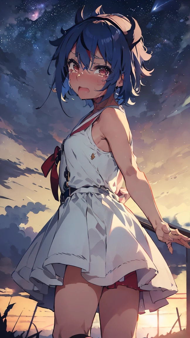 masterpiece, Highest quality, High resolution, Very detailed,(((Mikoto Naruka))), (((Blue light)))、(((Crying out loud。)))、(((Standing in the distance))), (((Facing forward。))), (((Crying with mouth open。))), night, (((Against the background of the starry sky))), (((comet)))