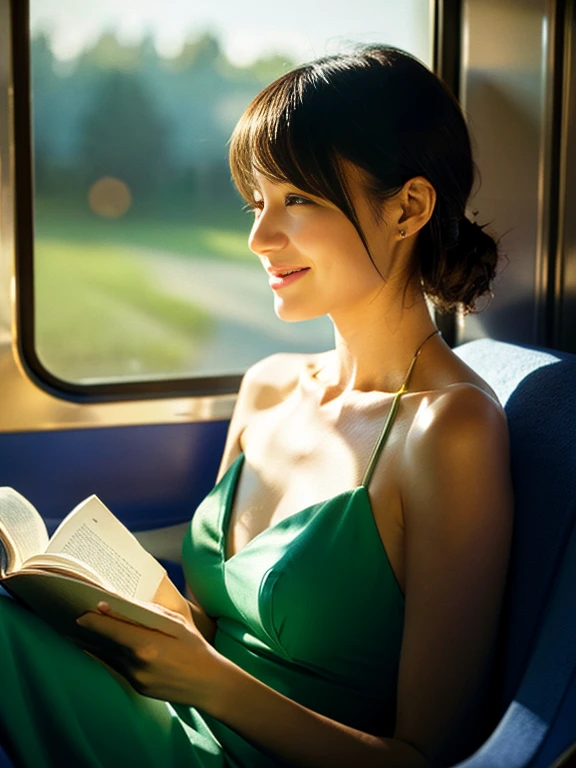 (masterpiece, best quality), outstanding details, ultra-high resolution, 
anatomically correct, atmospheric perspective,

A lovely 30-year-old Japanese woman sits in a train seat reading a book,  gentle smile.
Outside the window behind the woman is the blue sky of the suburbs,
The morning light streaming in through the window backlights the woman, making her outline shine,
The sunlight reflects off the book, softly illuminating the woman's face,

wearing an elegant apple green Halter neck dress.
short brown hair, low ponytail, swept bangs,

depth of field, morning sunlight, backlighting, Reflected light from below, cinematic lighting, reflection light, soft lighting, dreamy atmosphere,  animated expression, 